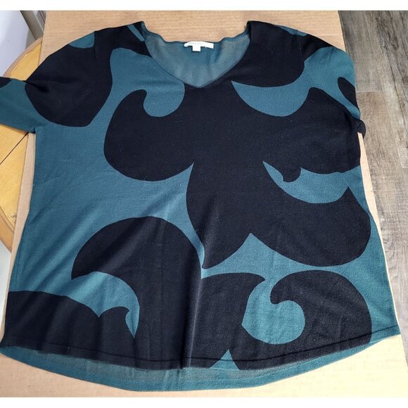 Chico's Womens SZ 3 (XL) Green Black Scrolls V Neck Pullover Sweater Art Deco - Picture 5 of 9